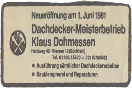 Zeitungsanzeige zur Neueröffnung Dachdeckerbetrieb Klaus Dohmesen