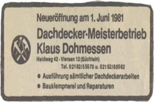 Das Zertifikat von Klaus Dohmesen zur Neueröffnung des Dachdecker-Meisterbetriebes am 1.Juni 1981